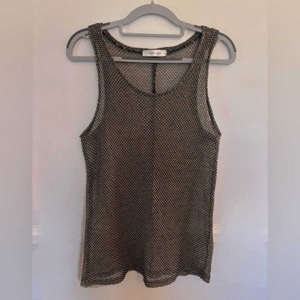Anine Bing Gold and Black Fitted Mesh Sleeveless Tank Top